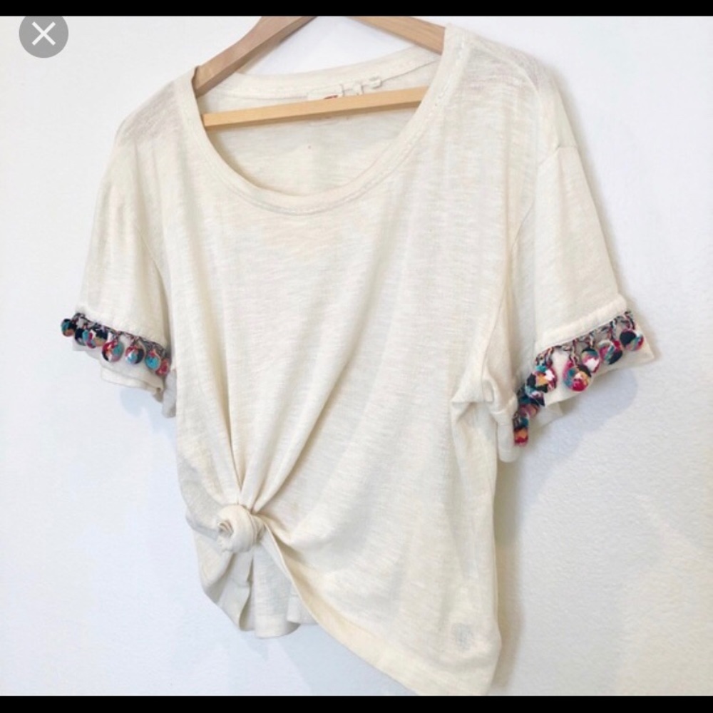 Anthropologie Cream Short Sleeve Tee with Colorful Trim
